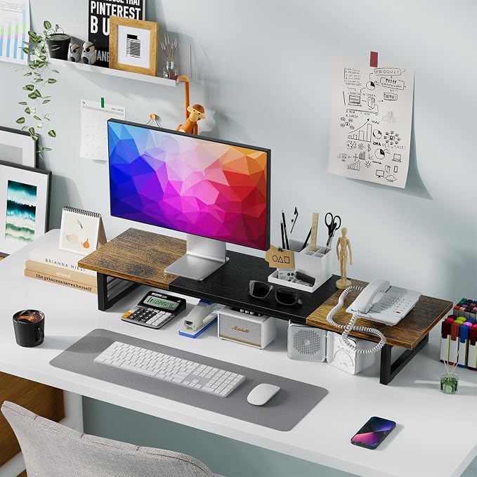 Simple Trending 38" Dual Monitor Stand Riser, Desk Organizer, Rustic Brown | Laptop & Printer Stand, for 2 Monitors, Wood and Steel, Ergonomic Support, Easy Setup, Home Office Desk, 38"W x 10.25"D x 5"H