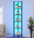 VIMBER 6-Tier Corner Shelf with LED Light, Industrial Corner Ladder Shelf, Rustic Display Shelf for Living Room, Bedroom, Kitchen, Home Office, Sturdy Frame, Rustic Brown and Black UJSJ002F