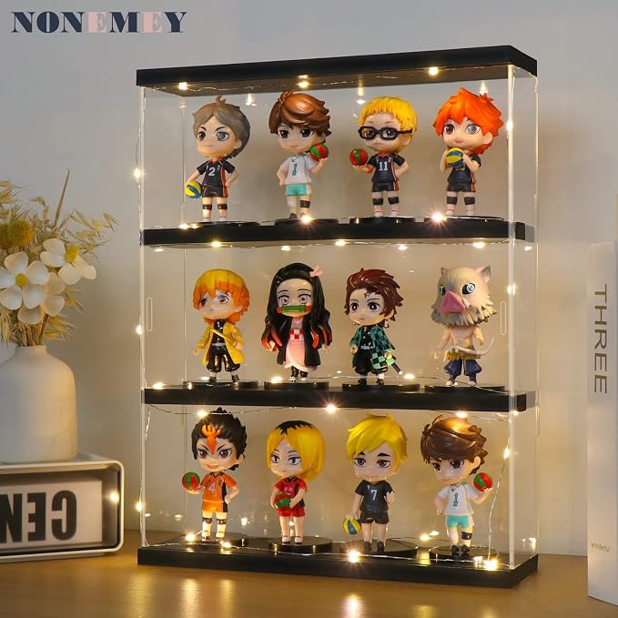 NONEMEY Clear Acrylic Display Case Stand 3 Tier Storage Box Wall Mount Showcase Dustproof Organizer Box for Collectibles (Black 3Tier 12×3.3×15inch)