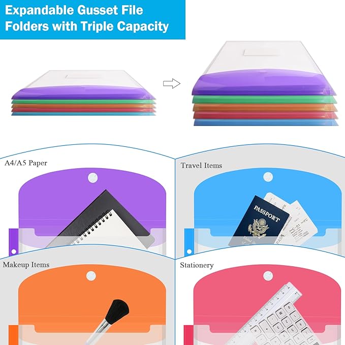10 Pack Binder Folders with Pockets 11 Holes Expandable Dividers for 2/3/4 Ring Document Pouch with Velcro Button & Label Loose-Leaf Transparent Binder Organizer for School Home Office