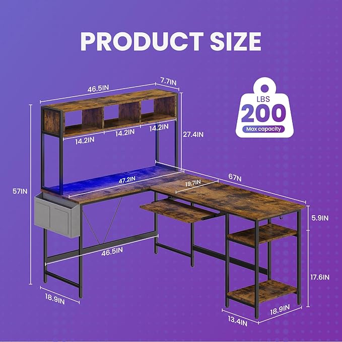 DUMOS 67" L Shaped Gaming Desk, Reversible Computer Desks with LED Lighting | Corner Desk for Compact Spaces, Keyboard Tray & Storage Shelf, Home Office, Rustic Brown