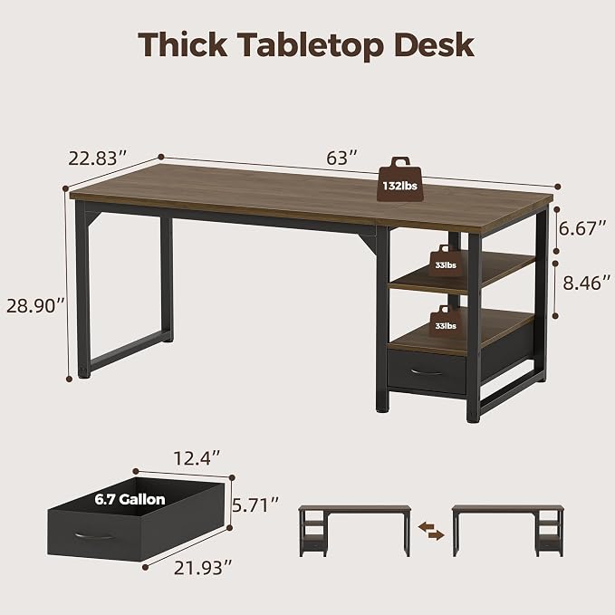 63 in Computer Desk with Drawer, 1" Thick Reversible Office Desk | Large Modern Writing Table with Storage Shelves, Heavy Duty Industrial Executive Desk for Home Bedroom Study Work