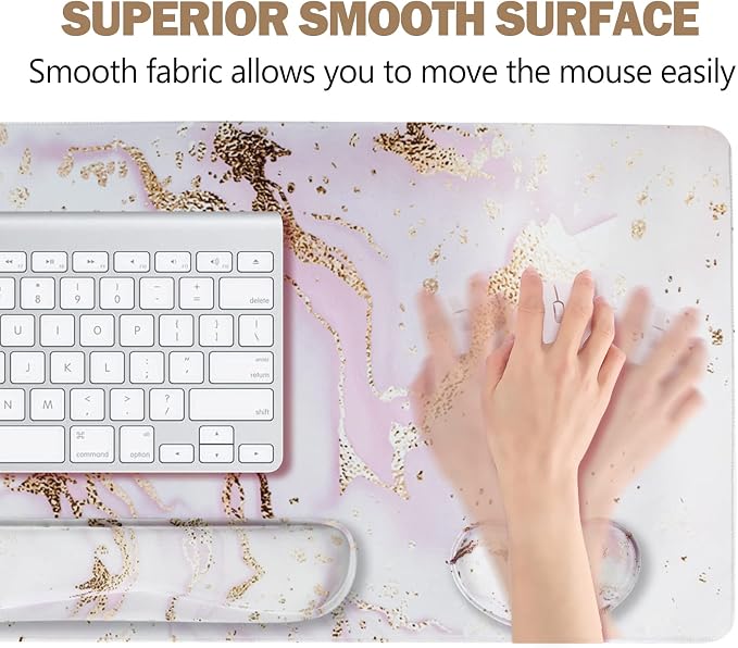 Large Gaming Mouse Pad, Keyboard Wrist Rest Pad & Wrist Support Mousepad Set, Stitched Edge, Extended, Non-Slip Base, Memory Foam,Multifunctional Desk Mat 4pcs for Office & Home, Pink Marble