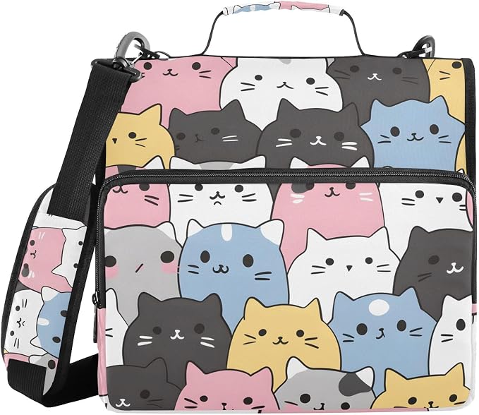 3 Ring Zipper Binder with Shoulder Strap Cats Cute Animal 1.5 inch Binders Keeper Large Capacity Multi Pockets for School Office Supplies