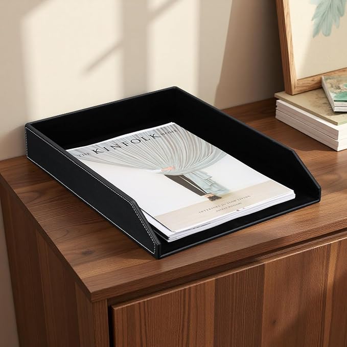 Letter Tray, PU Leather Paper Organizer Tray for Desk, Paper Organizer Storage Holder for Office Home or School A4 Size Black