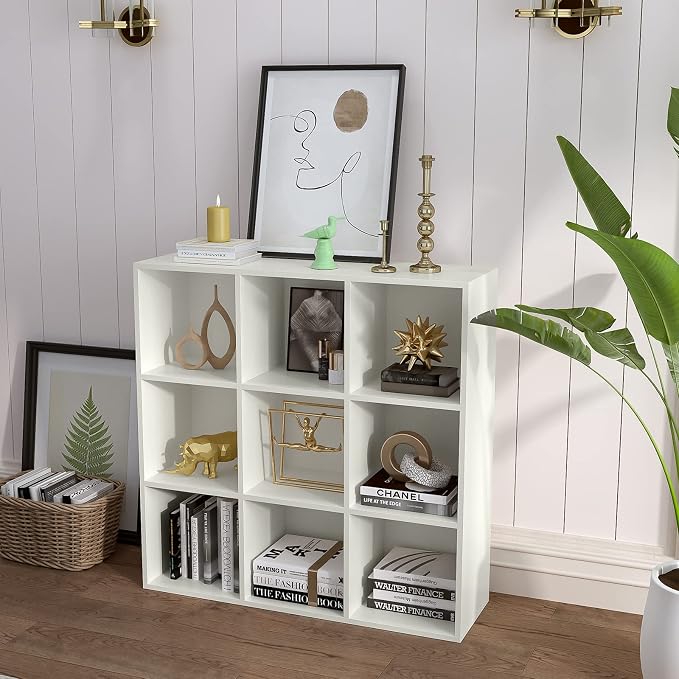 9-Cube Storage Shelf Bookcase, Warm White | Wooden 3-Tier Open Bookshelf, Fits 11×11" Bins, Vertical or Horizontal Use, Full Back Panels, For Home Office