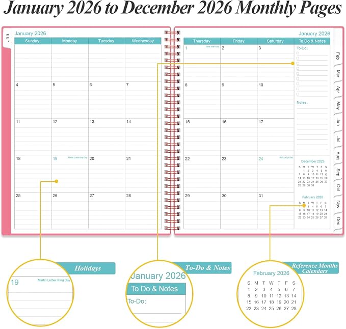 Daily Planner 2026 Full Page Per Day- 2026 Daily & Monthly Planner from January 2026 to December 2026, Day Planner 2026 with 12 Months Tabs, 8.5" x 11", Pink