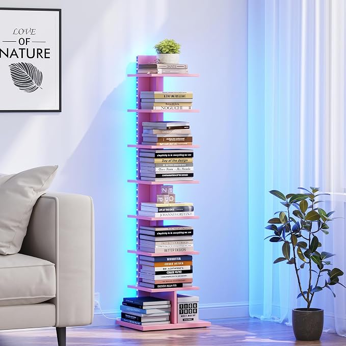 TUTOTAK Book Shelf, Narrow Spine Bookshelf, 8-Tier Bookcase with LED Lights | 10.4 x 13.4 x 47.5 Inches Vertical Freestanding Corner Shelf for Living Room, Office, Small Space, Pink BS06BP008L