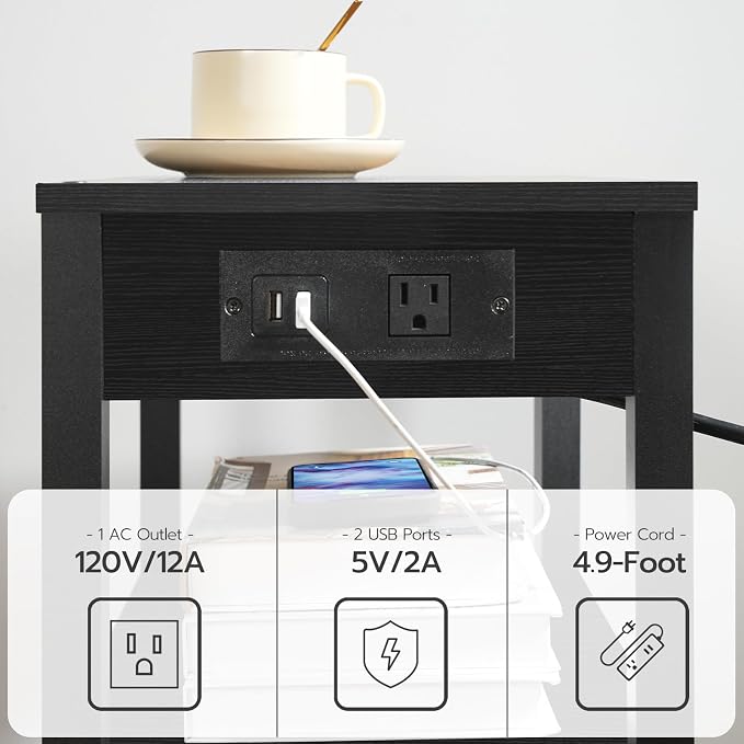 HOOBRO 3-Tier Printer Stand with Charging Station, Under Desk Printer Table, Printer Cart with Storage Shelves, Shelf for Small Spaces, for Home Office, Black BK63UPS01