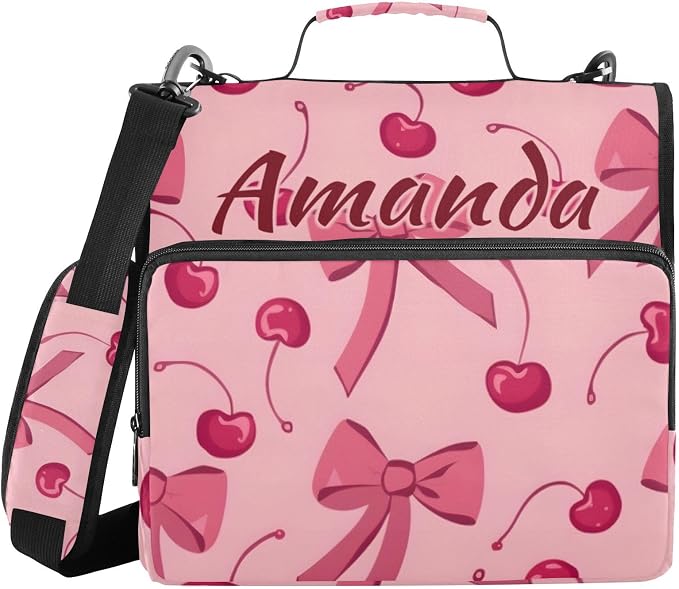 Custom 3 Ring Zipper Binder Bow Cherry Pink Personalized Name 1.5 inch Binders Large Capacity Multi Pockets for School Office Supplies