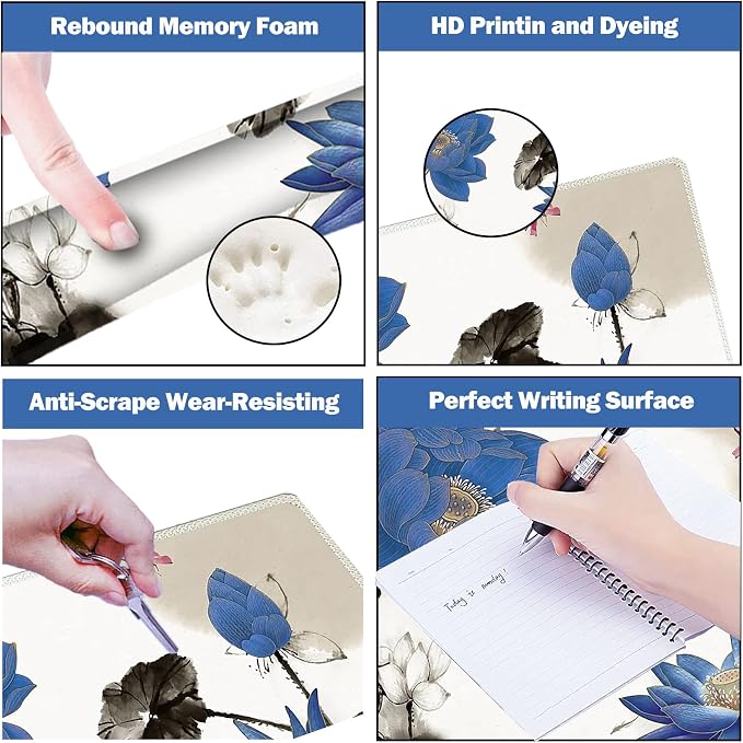 Extended Gaming Mouse Pad Set, Keyboard Wrist Rest Support Pad + Wrist Cushion + XXL Large Mouse Pad + Coaster, Stitched Edge, Non-Slip, Memory Foam Desk Mat, Blue Lotus Ink Painting