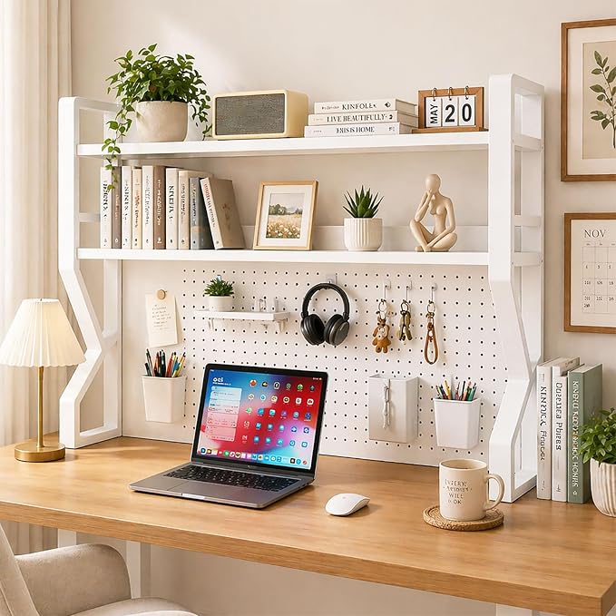 Lefedrasticity 3 Tier Desktop Bookshelf with Pegboard Desktop Organizer Shelf for Dorm Heavy-Duty Desk Shelf Organizer Desk Bookshelf for Office Dorm Room Gaming Desks (White, 45.3" L)