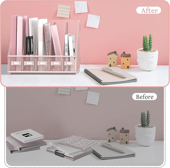Desk Organizers Metal Desk Magazine File Holder with 5 Vertical Compartments Rack File Organizer for Office Desktop, Classroom, Home Workspace, Pink