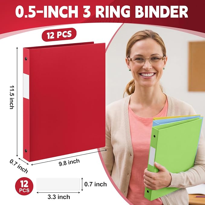 Henoyso 1/2 Inch 3 Ring Colored Binders Soft Flexible, 8.5'' x 11'' Plastic Floppy Binders Bendable with 2 Pockets, Colorful Binder Bulk for School Office Business ，12 Pack (Assorted Color)