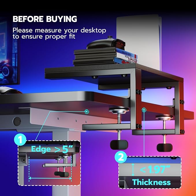 ARES WING Clamp-On Desk Extender Monitor Shelf, 15x9.8 up to 44lbs | Desktop Riser for Office/Gaming，Space Booster，Freestanding or Clamp Mount，No Drill Desktop Organizer，Black