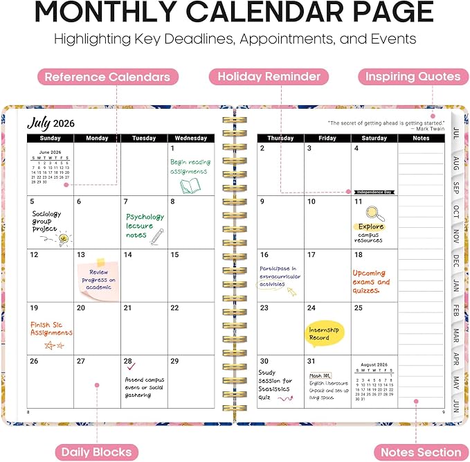 Taja Planner 2026-2027, Jul 2026-Jun 2027 Monthly & Weekly Calendar Planner | 6.3" x 8.5", Hardcover Academic Calendar, Teacher Student Agenda Book with Tabs, School Office Supplies, Pink Garden