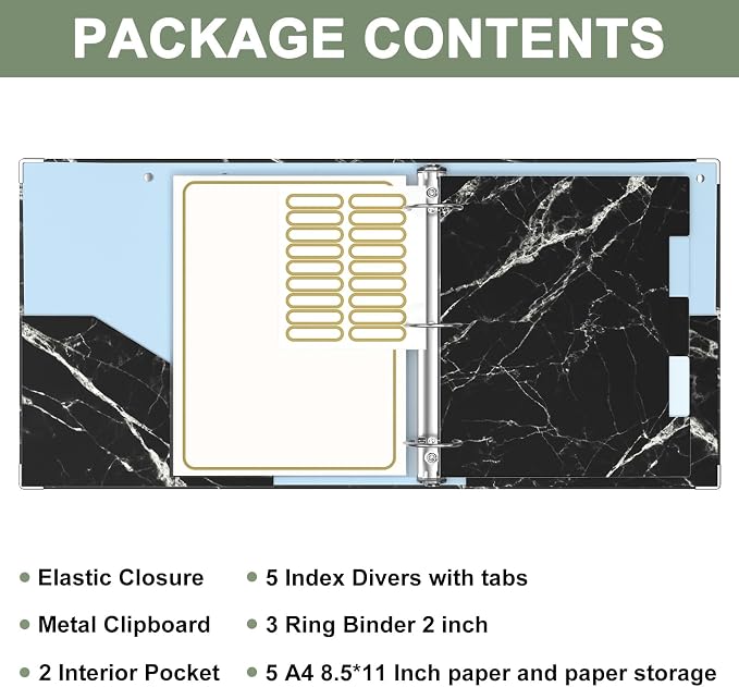 Rouidr 3 Ring Binder, 2 Inch Round Ring Binder Organizer with Clipboard, 5 Dividers Tabs, A4 8.5 x 11 Inch Paper & Clear Sleeves for School, Office Supplies, Black Textured Marble