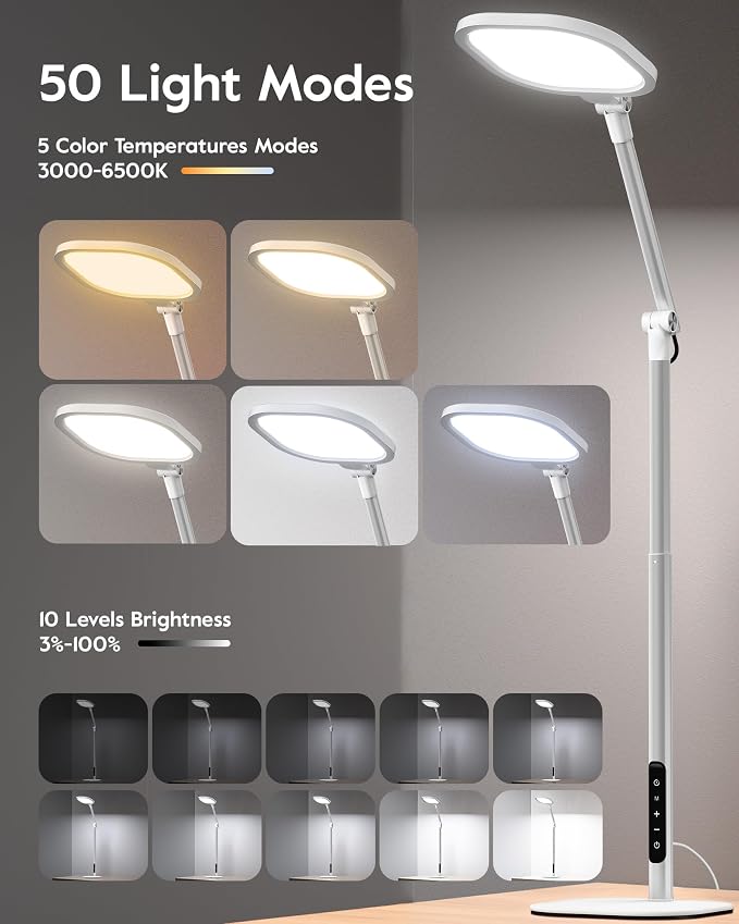 Tall LED Desk Lamps with Base, Edge-Lit Eye-Care, 50 Light Modes | 40" Height, Dimmable & Flexible, CRI>97.8, Memory and Timer Func, Stable Metal Base for Home Office, Video Calls & Drafting