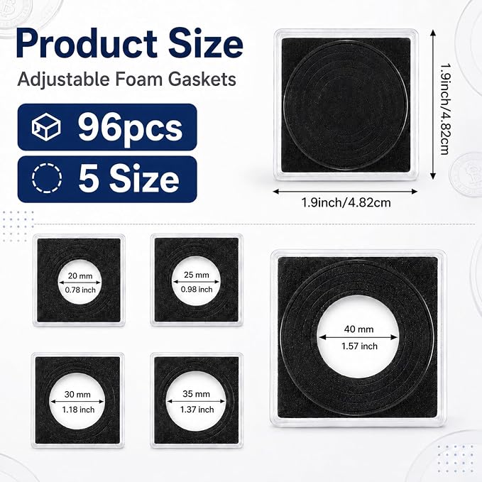 96 Pcs Plastic Coin Holders with 5 Sizes Adjustable Silver Dollar Coin Holder Capsule Protectors Snap Holders Silver Dollar Protection Cases for Collection Supplies Storage Display （20-40mm）