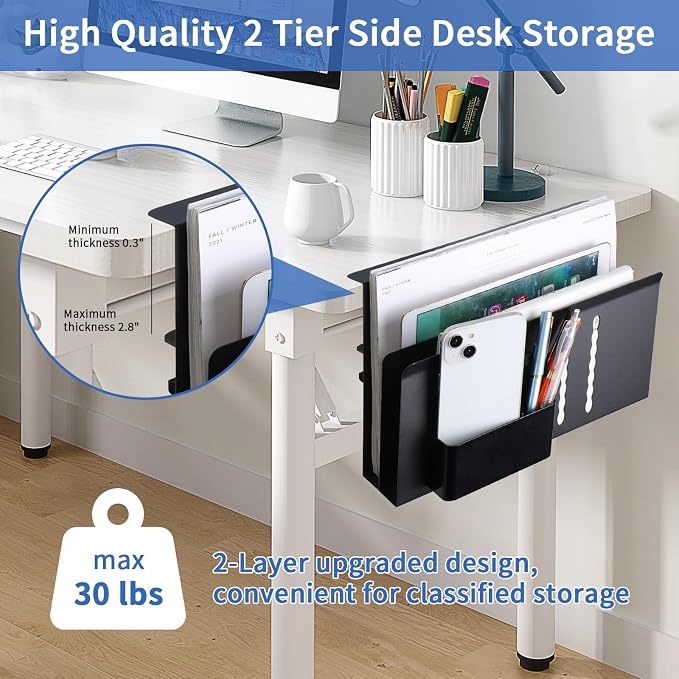 LUKETURE Desk Side Storage, 2 Tie Laptop Holder No Drill Clamp On Organizer | Steel Side Desk Organizer, Clamp on Laptop Mount with Pen Holder, Hanging Storage for Home Office, Fits 0.3" to 2.8"