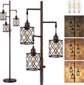 73" Dimmable Farmhouse floor lamps for living room, Industrial Tree Floor Lamp with 3 X 6W LED Bulbs, Stepless Dimming, Metal Cage Shades, 3 Light Rustic Standing Tall Lamp for Bedroom, Office, Brown