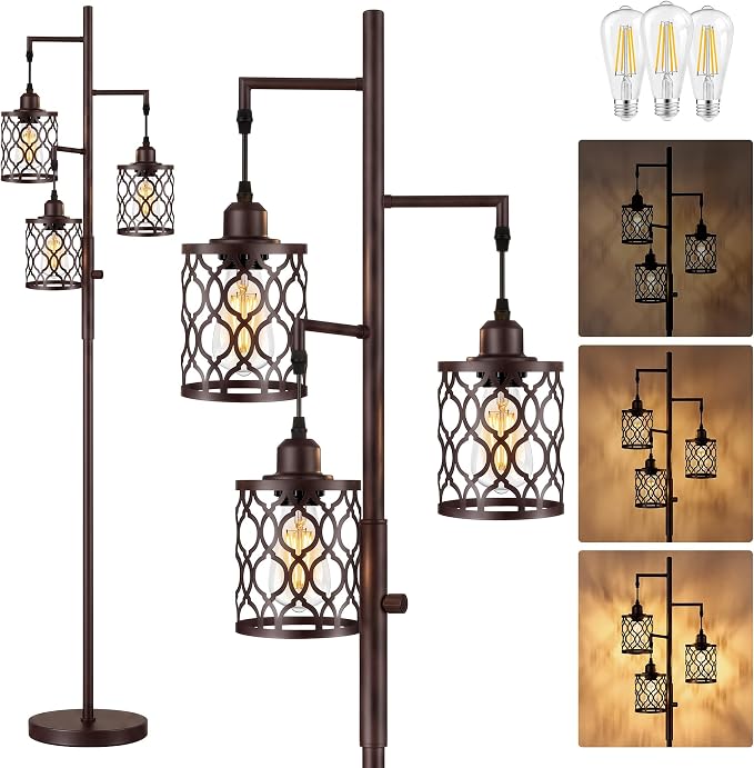 73" Dimmable Farmhouse floor lamps for living room, Industrial Tree Floor Lamp with 3 X 6W LED Bulbs, Stepless Dimming, Metal Cage Shades, 3 Light Rustic Standing Tall Lamp for Bedroom, Office, Brown