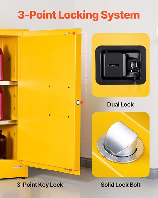 VEVOR Flammable Cabinet, 23.2 x 18.1 x 35.4 Inch, 13 Gallon Flammable Storage Cabinet with Adjustable Shelf, Cold-Rolled and Galvanized Steel Fire Cabinets, for Commercial Industrial Home Use, Yellow