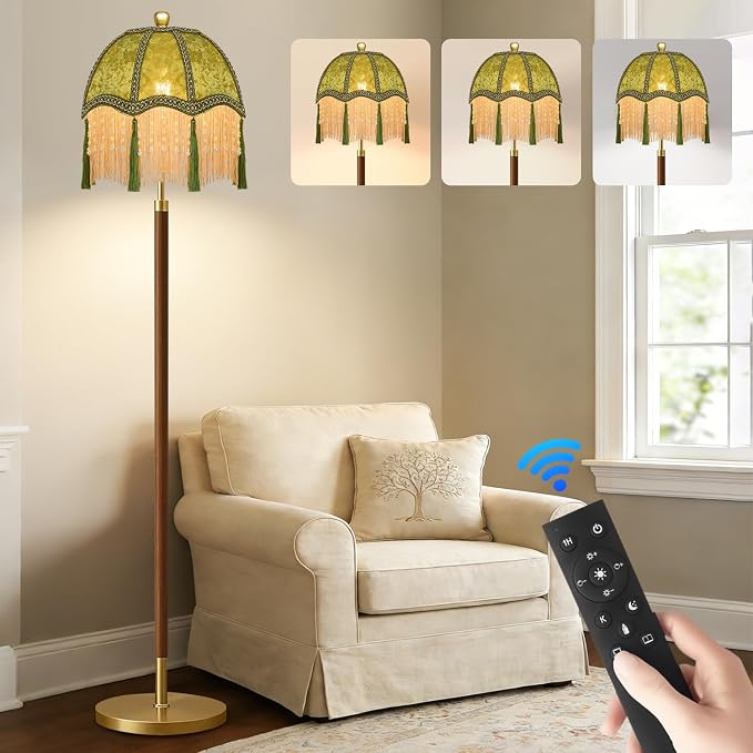 Wood Floor Lamps for Living Room Vintage Floor Lamp with Remote Control & 3 Color Temperature,Dimmable Floor Lamp Mid Century Modern Standing Lamp Green Fringe Tall Floor Lamp for Bedroom Corner