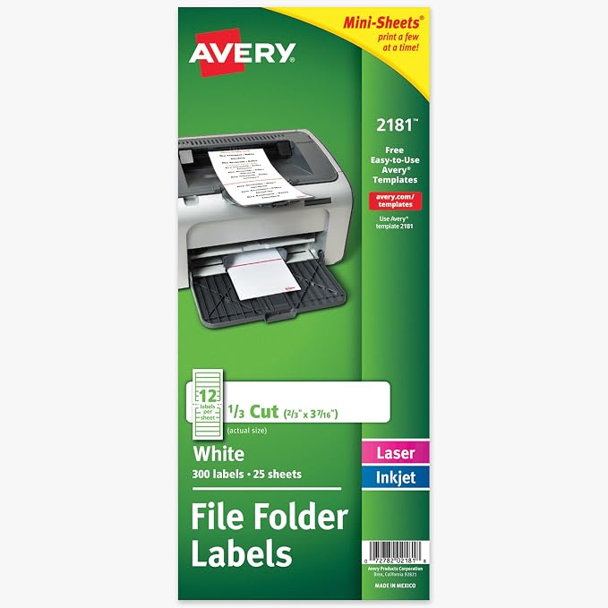 Avery® Printable Mini-Sheets® File Folder Labels, 2/3" x 3-7/16", Matte White, Permanent Adhesive, Laser/Inkjet Compatible, 300 Blank Stickers Total, Great for Printing a Few Labels at a Time (2181)