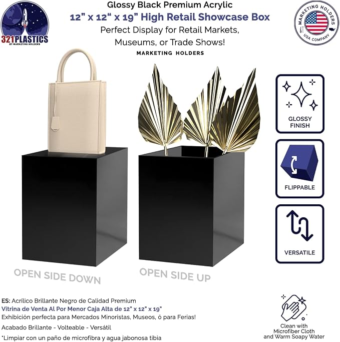 4 Pack Display Riser Box Tall Glossy Black Acrylic 12" x 12” x 19” No Lids Hollow Pedestal 5 Sided Retail Merchandise Trinkets Flower Tower Bin Elevated Multi Use Showcase by Marketing Holders