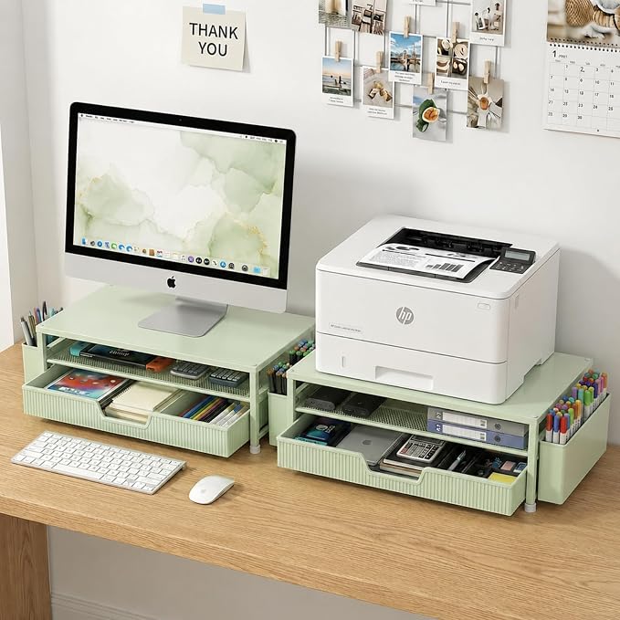 ECOLOVI Desk Organizer and Accessories, 2-Tier Computer Monitor Stand Rise with Storage Drawer & 2 Pen Holders, Laptop & Printer Stand for Desktop, Workspace Organizers for Office Supplies (Green)