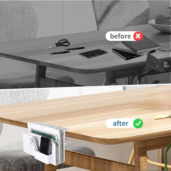 2 Tie Desk Side Storage, Under Desk Storage Organizer, White | osseph Desk Shelf, Standing Desk Accessories, Magnetic File Holder, No Drill Clamp to 0.5-2.38" Desks, 30 Lbs Carbon Steel