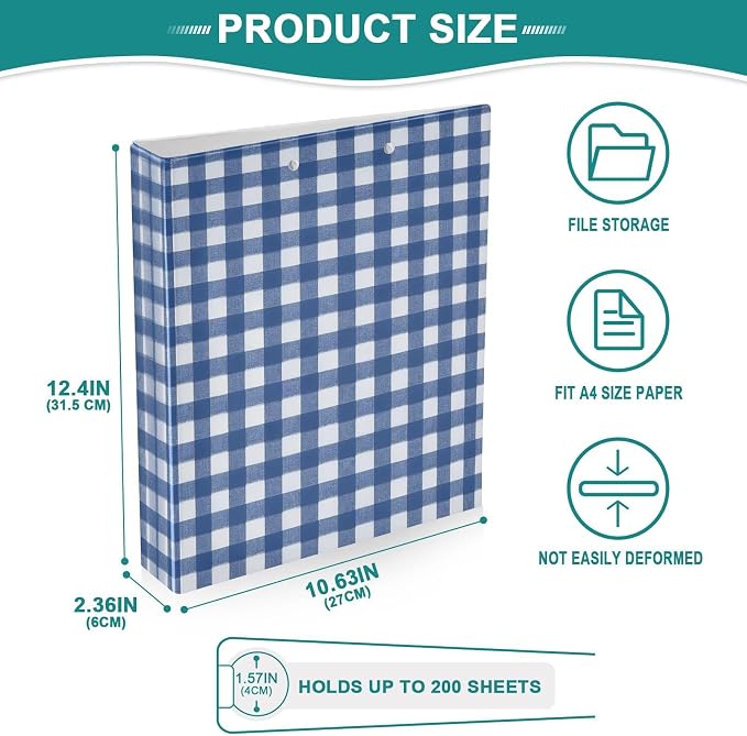 3 Ring Binder with Blue & White Gingham Design - 1.5 Inch Heavy Duty Three-Ring Binder with 2 Pockets, Round Rings for Office Supplies (Letter Size)