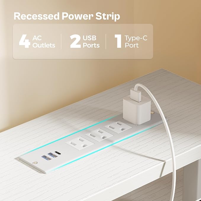 Huuger 47 inch Computer Desk with Power Outlets & 4 Drawers | Gaming Desk with LED Lights, Home Office Desk with Large Storage Space for Bedroom, Work from Home, White