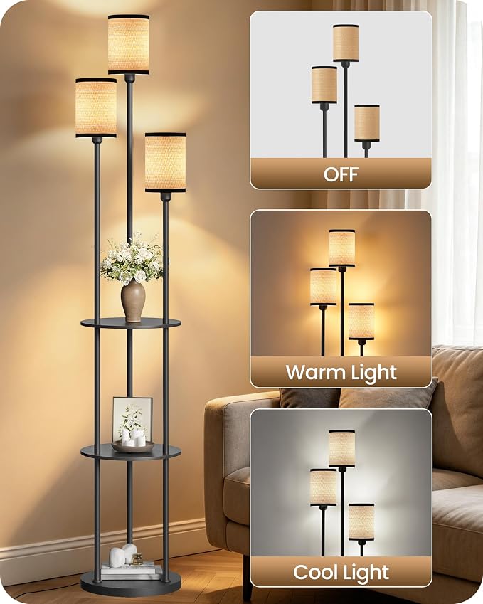 Floor Lamp with Shelves, for Living Room, 3-Light Standing Lamp | Modern Floor Lamp with Foot Switch, 3-Tier Shelf, 70.9" Tall Lamp, for Bedroom, Study, Office, Black and Yellow YB53LD05