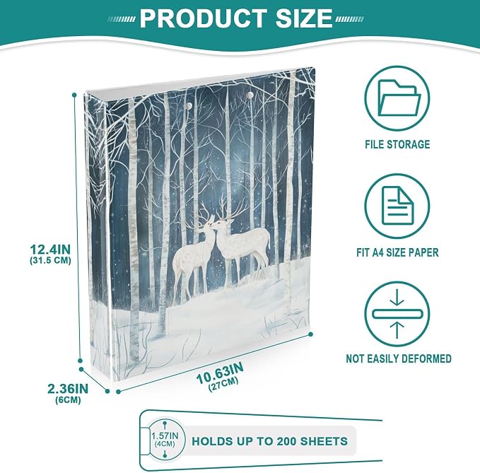 Deer in Snowy Winter Forest 3 Ring Binder 1.5" Decorative D-Ring Binder with Clipboard&3 Clear Pockets, Holds 200 Sheets A4 Size Paper Waterproof Binders for School Home Office