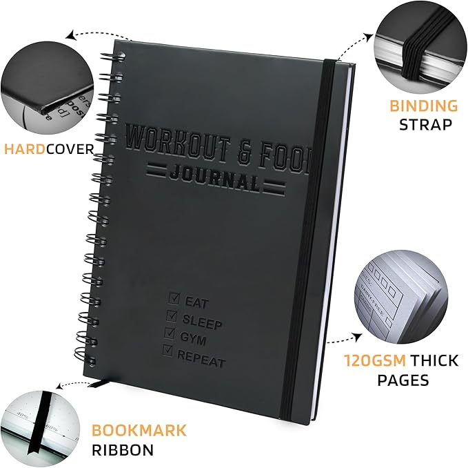 Nextnoid Hardcover Fitness & Food Journal - Nutrition & Workout Planner for Men & Women - A5 Sturdy Workout Log Book to Track Diet, Gym & Home Workouts - Navy Blue