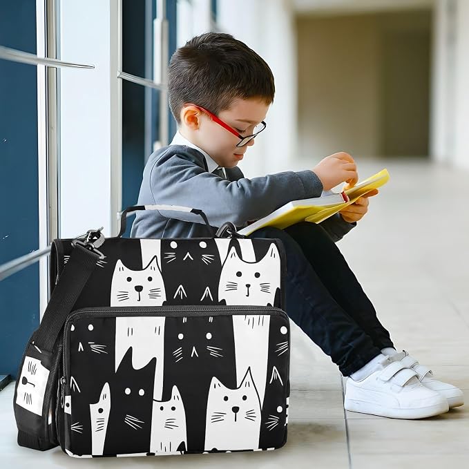 White Black Cats 3 Ring Binder Bag 1.5 inch Binder Organizer with Zipper Shoulder Strap 500 Sheet Documents Storage for School Office