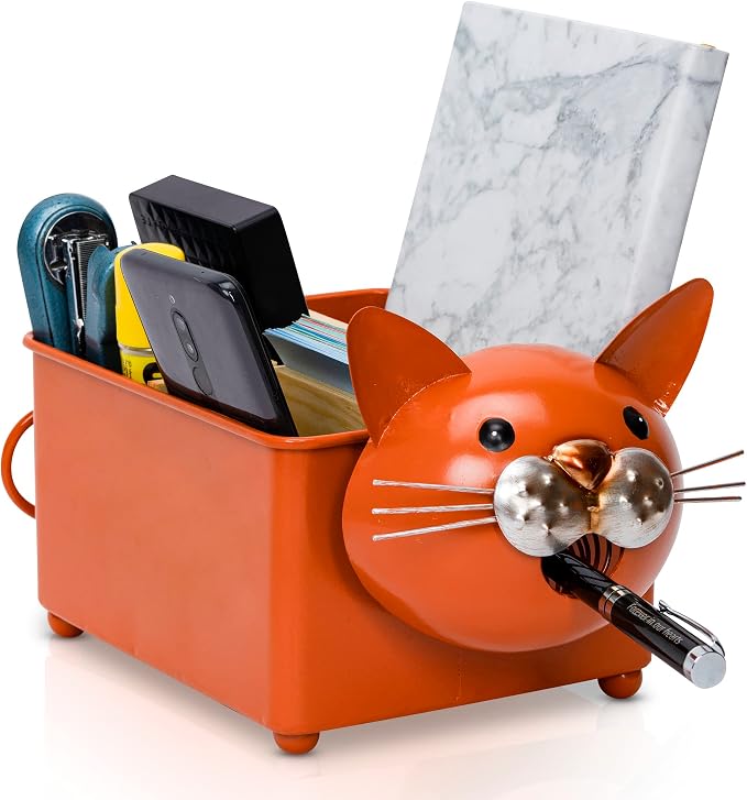 Desk Organizer, 1-5 Module Compartments - Storage for Stationery Supplies, Accessories, brushes - Home, Office, School, Dorm, Studio - Build in Pen & Pencil Holder (Orange Cat)