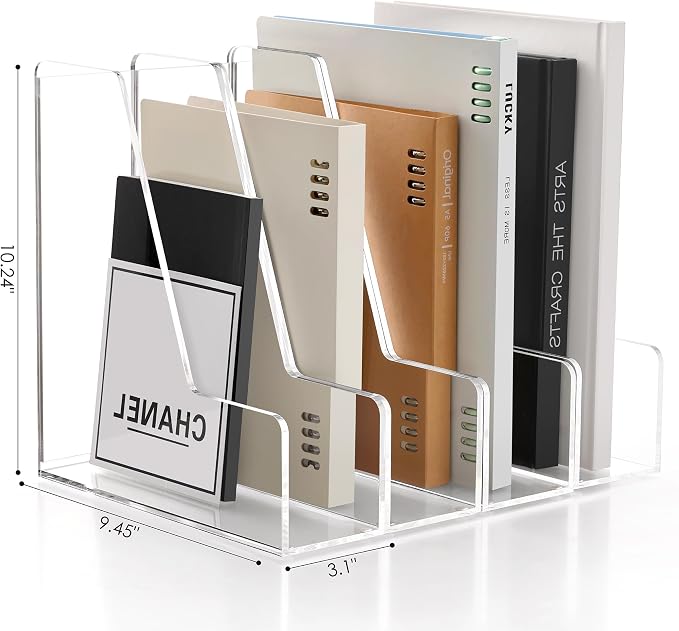 SANRUI 4 Pack Clear Acrylic Vertical File Organizer, Desk Organizer and Storage Bins Holding for Magazines, Binders, Notebooks, Envelopes, Multi-purpose Document Organizer for Home Office
