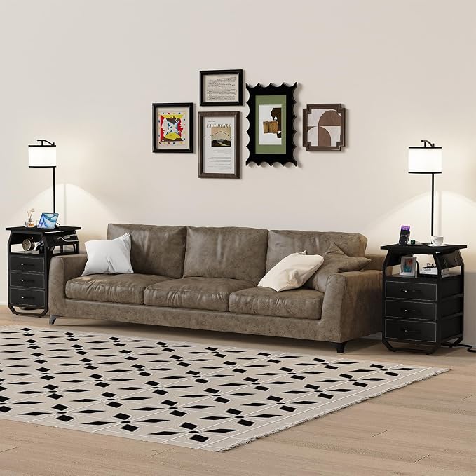 runjuly Floor Lamp with Table Set of 2, End Tables with Lamps Attached 3-Color Temperature Bulb, Side Table with Lamp with 3 Drawers & Charging, Lamps Tables Combo for Bedroom, Dorm - Black