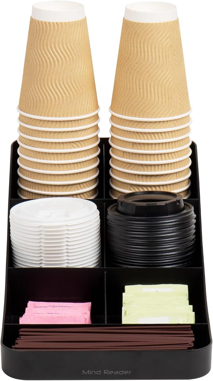 Mind Reader 7-Compartment Coffee Condiment Organizer, Cup and Lid Holder, Countertop Station for Coffee Bar, Breakroom, Kitchen, Set of 2, Black