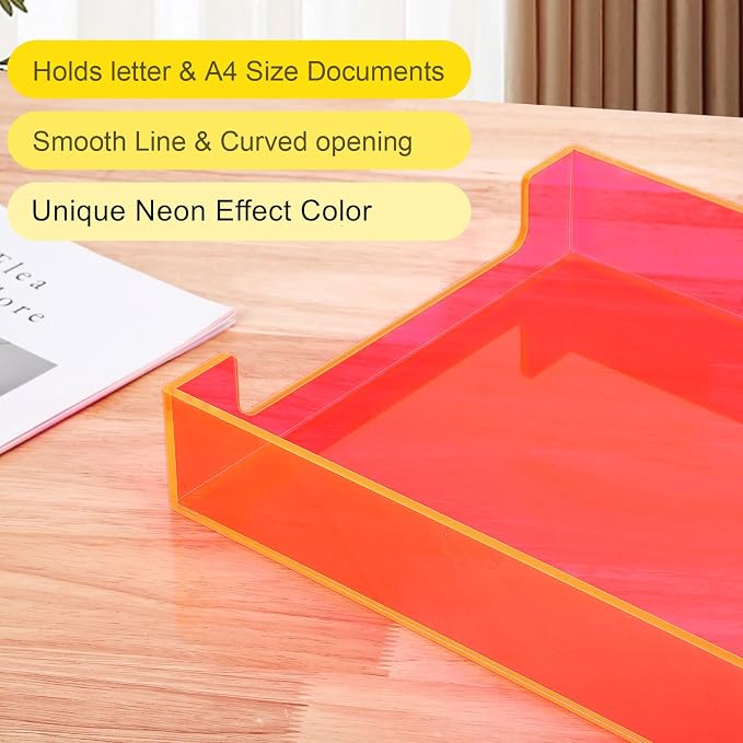 Paper Tray Acrylic File Organizer for Desk Letter Tray Desk Organizer Document Holder Sorter Storage for A4 Office Supplies Magazines, 13.8x10.6x2.4 Inches, Neon Pink