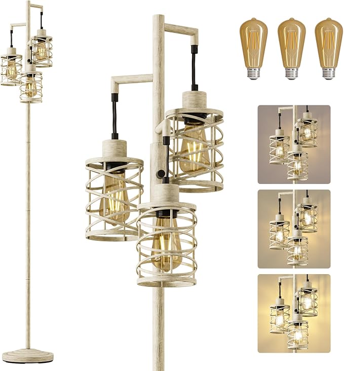 70" Industrial Floor Lamp, Stepless Dimmable Standing Lamp with 3 Bulbs, Farmhouse Corner Standing Tree Lamp for Living Room, Tall Lamps for Bedroom, Office, Dining Room, Antique Beige White