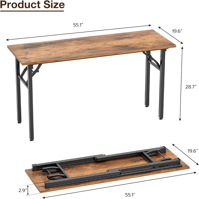 TEMI Long Computer Desk Folding Table - 55.1 Foldable Office Desk, No Assembly, Perfect Writing Table for Bedroom, Dorm, or Apartment, Portable Large Desk or Study Table with Compact Design, Brown