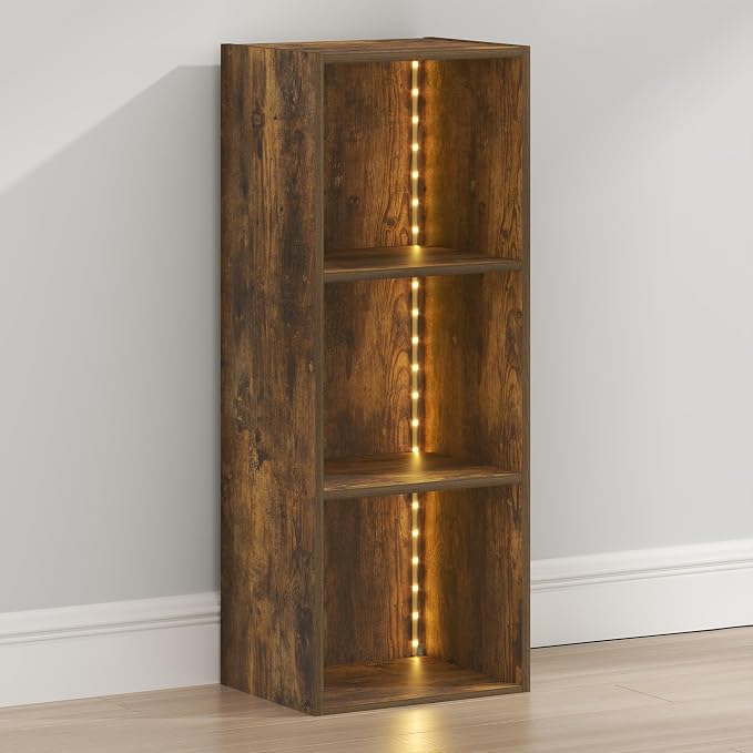 Furinno LUDER Book Shelf with LED Lights, 3-Cube Bookshelf, Bookcase, 9.3 x 12 x 31.5, for Home Office, Living Room, Study Room, Amber Pine