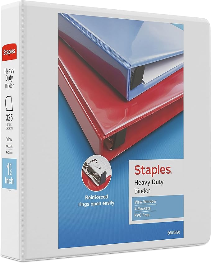 Staples Heavy-Duty 1.5 Inch 3-Ring View Binders with D-Rings, White, Four Interior Pockets, Durable Office Binders, 3 Pack