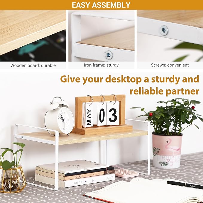 YGYQZ Desk Shelf Organizer for Top of Desk, 1-Tier Desktop Bookshelf, White & Wood