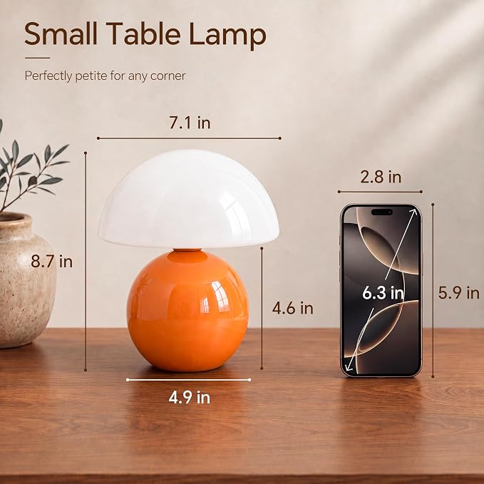 Mushroom Lamp Table Lamp for Bedroom,Desk Bedside Small Lamps for Living Room Night Stands,Mushroom Decor Cute Mini Modern Mid Century Lamps,Unique Aesthetic Home Living Room Decor(Orange)