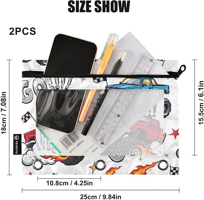 Truck Racing Car Flag Pencil Pouch for 3 Ring Binder, 2 Pack Waterproof Pencil Bags Clear Window Pencil Case Zipper School Office Supplies